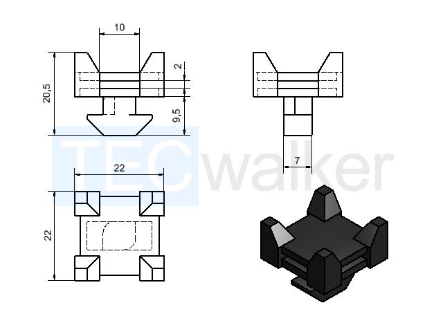 Maße Kreuz-Kabelbinderblock mit Hammer Nut 8-40